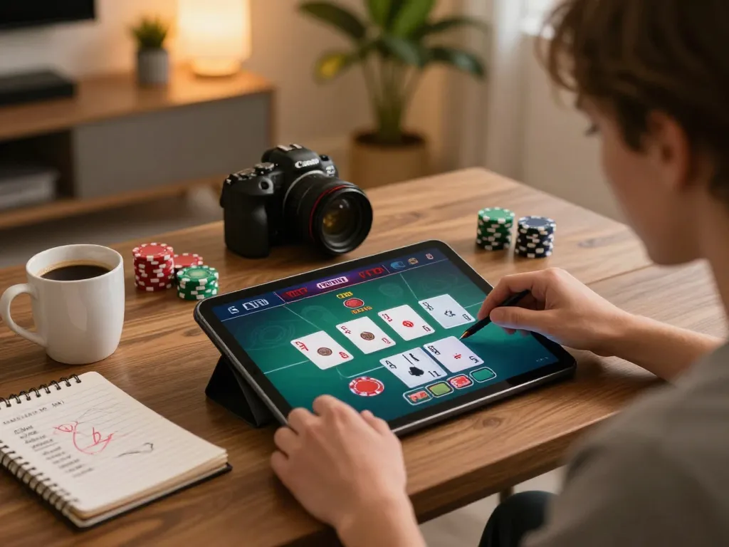 Kuwin user enjoying intense online poker game, strategies visible on tablet screen and notes, responsible gambling atmosphere