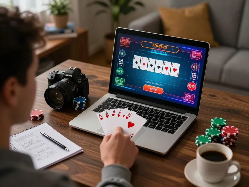 MAX88 player winning at online poker game with strategy notes and cozy home ambiance.