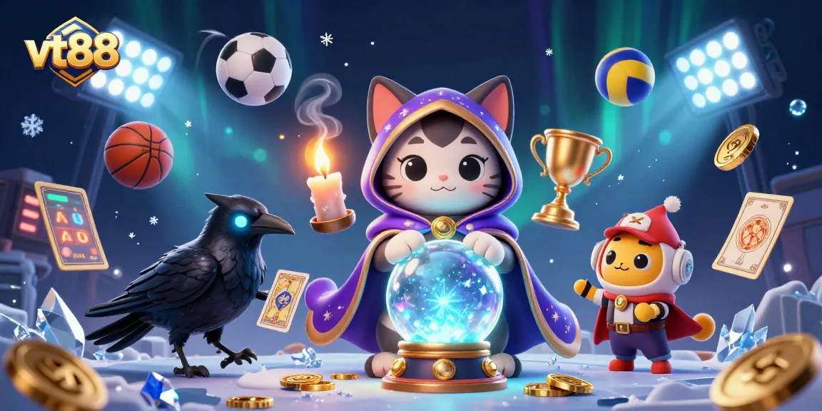 Experience the thrilling world of vt88 with this dynamic 3D illustration showcasing a mystic cat, raven, and casino-themed elements.