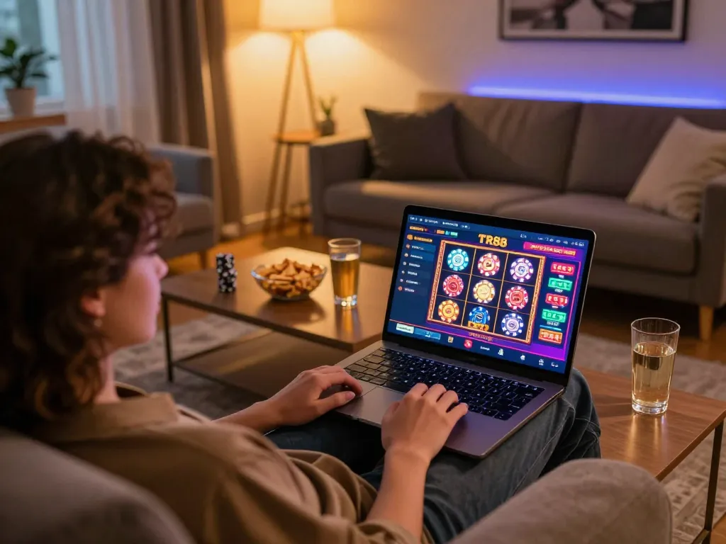 Player enjoying online gaming at TR88 with colorful casino interface on laptop