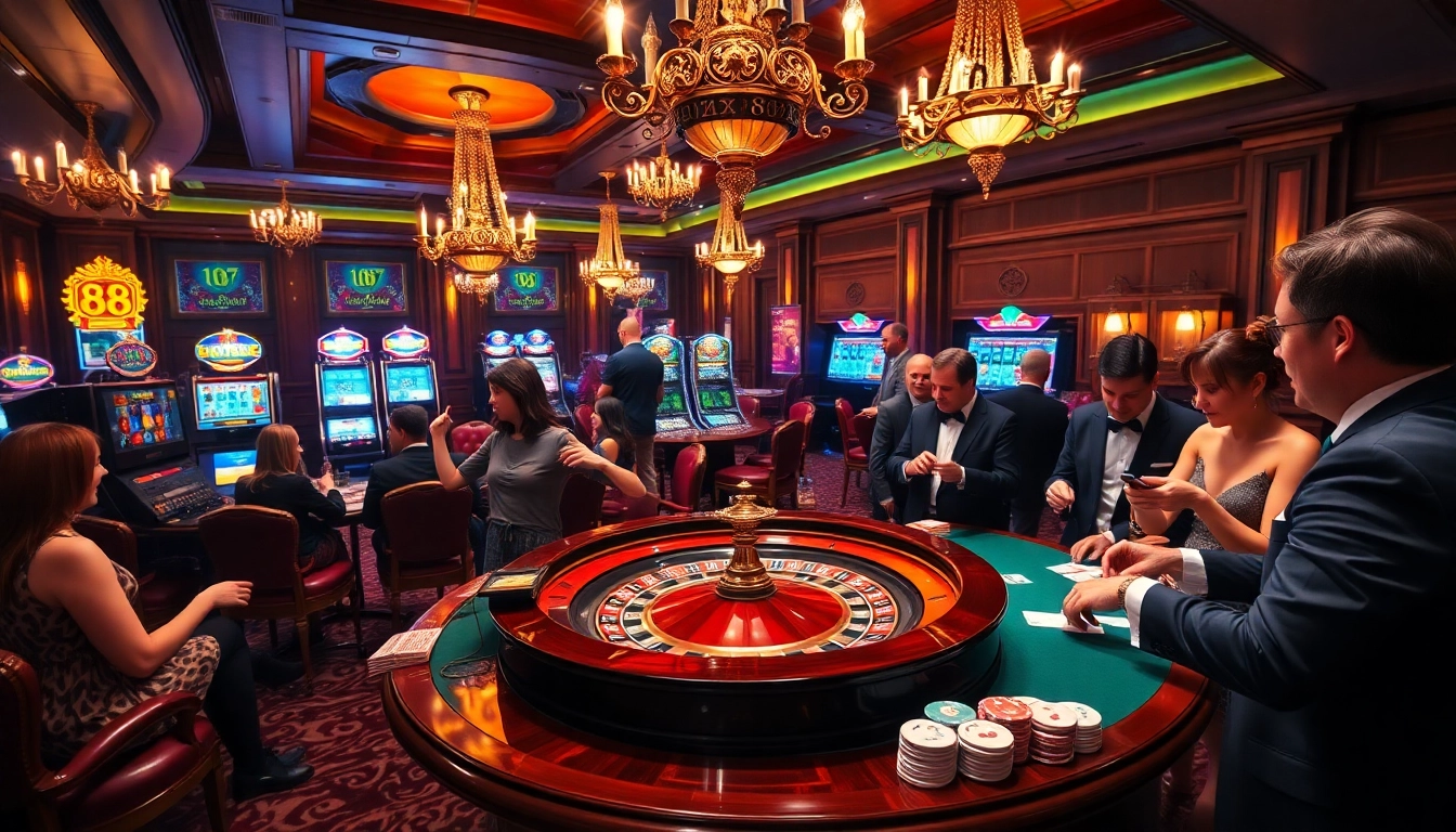 Experience high-stakes excitement at king 88 with a vibrant casino scene highlighting roulette and card games.