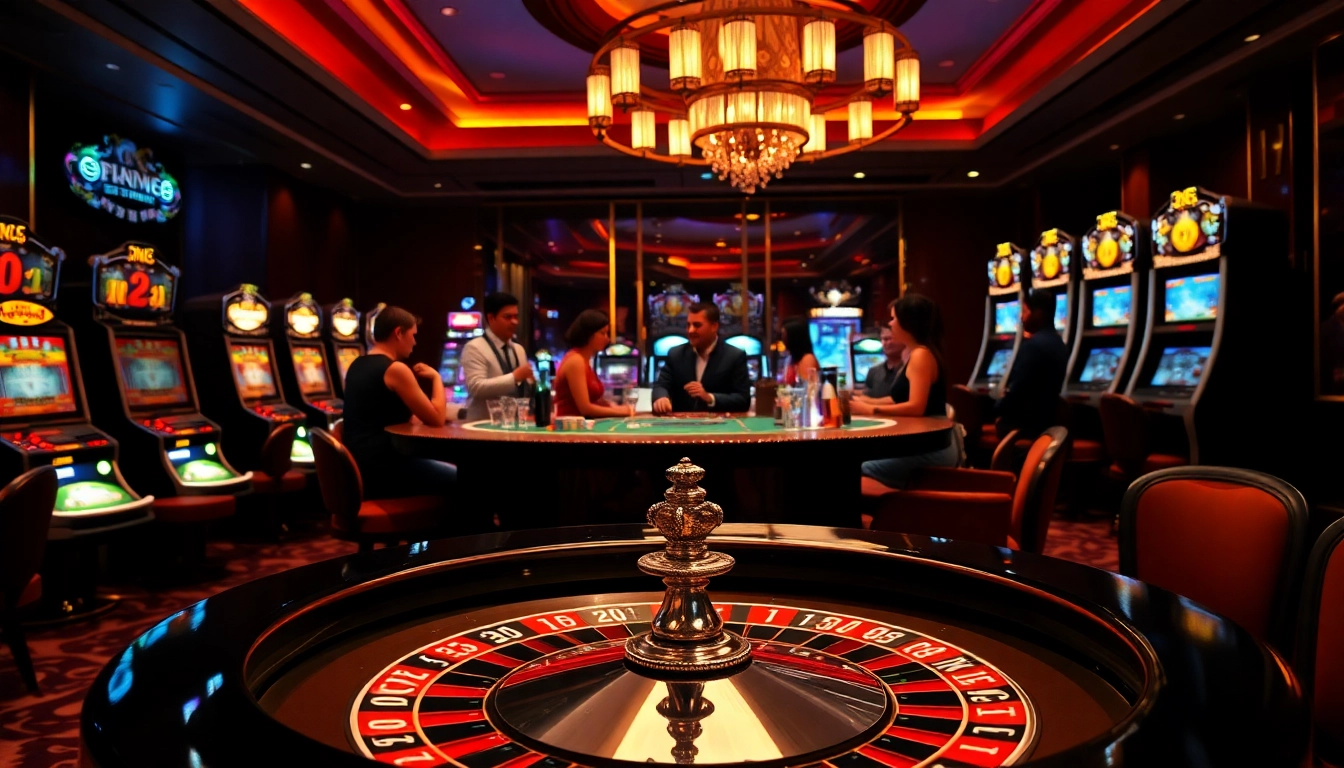 Exciting casino scene showcasing Link mới nhất QQ88 with poker chips, slot machines, and a roulette wheel.