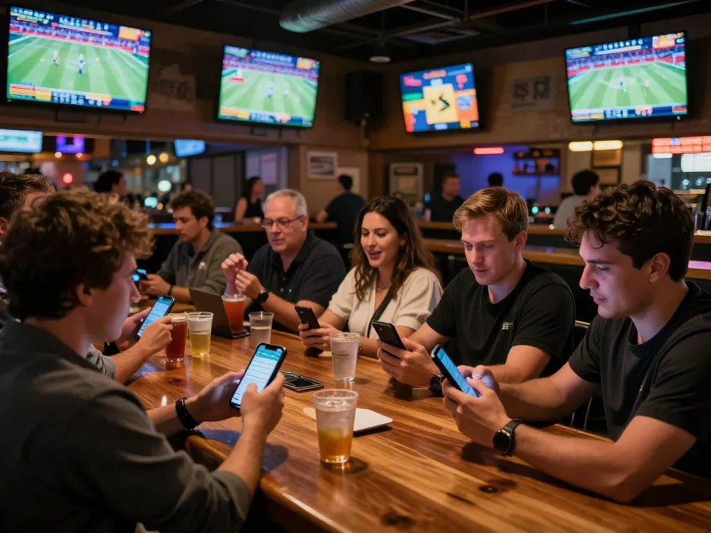 Fans actively placing bets using their smartphones during live sports events, focusing on kèo nhà cái for better odds