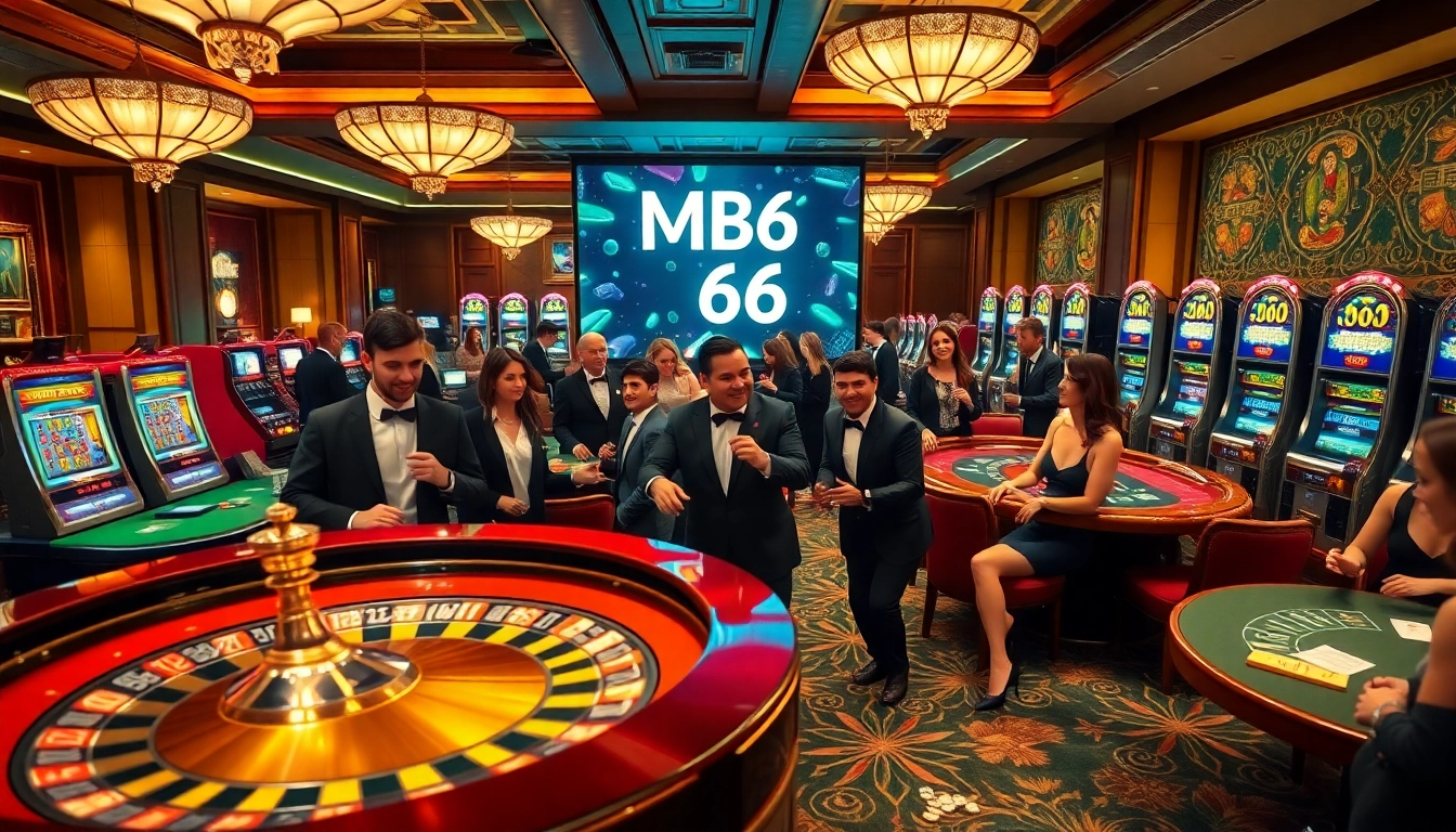 Excited gamblers at MB66 casino playing roulette and poker in an elegant setting.