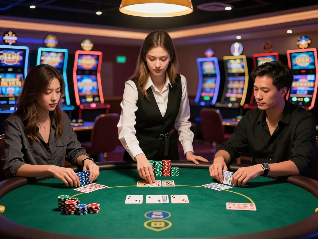 Players engaging in intense poker gameplay at tg887 with colorful casino backdrop, capturing excitement and strategy.