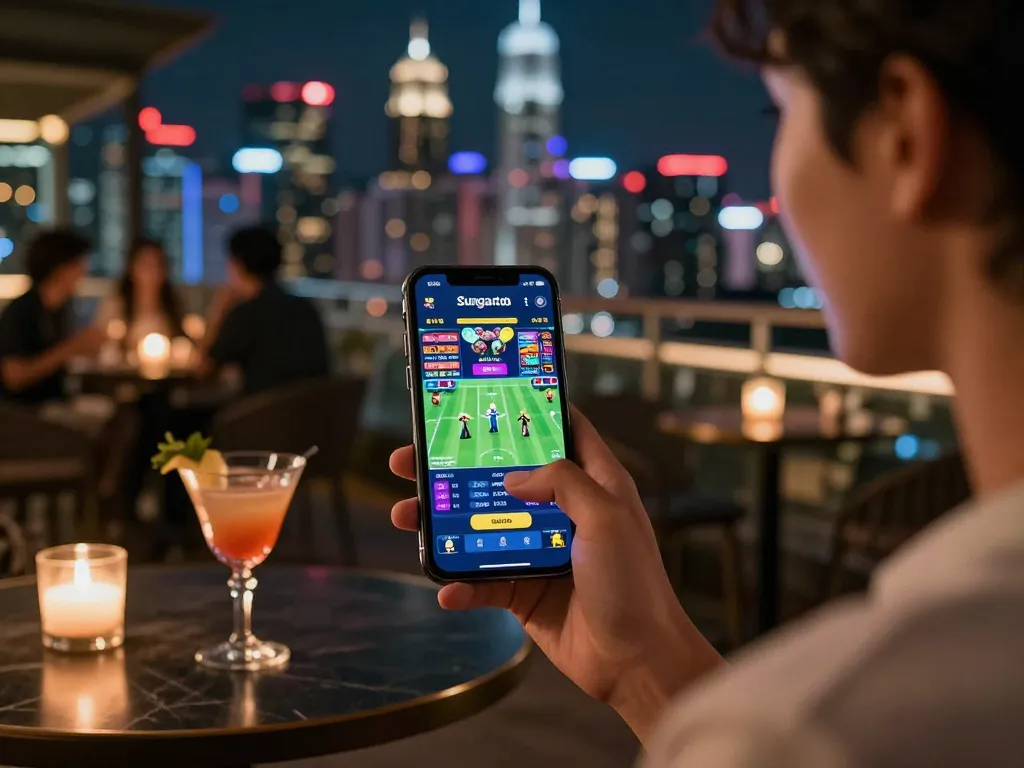 Engaging with the apk sungaitoto app on a smartphone at a vibrant city rooftop bar.