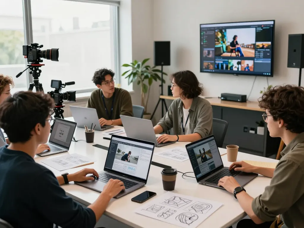 Team collaborating using seedance ai for innovative video content production in a tech workspace.