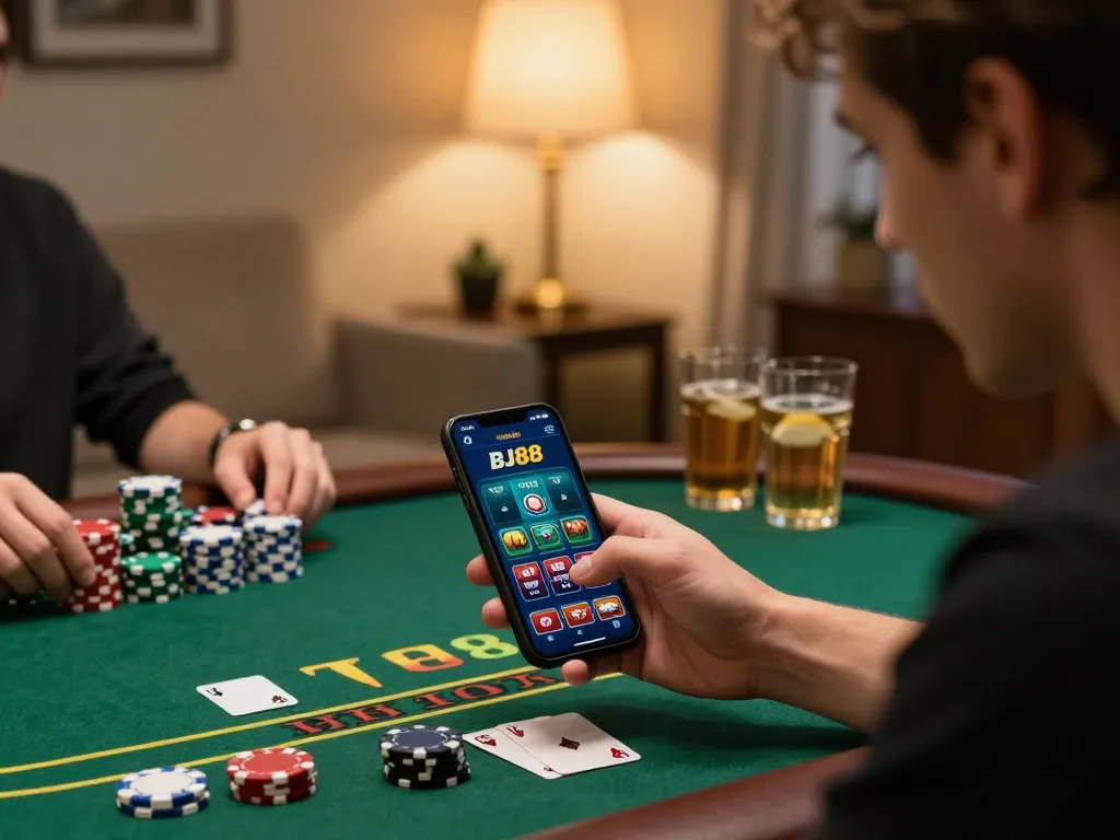 Player focused on BJ88 blackjack game on smartphone in a cozy home setting.