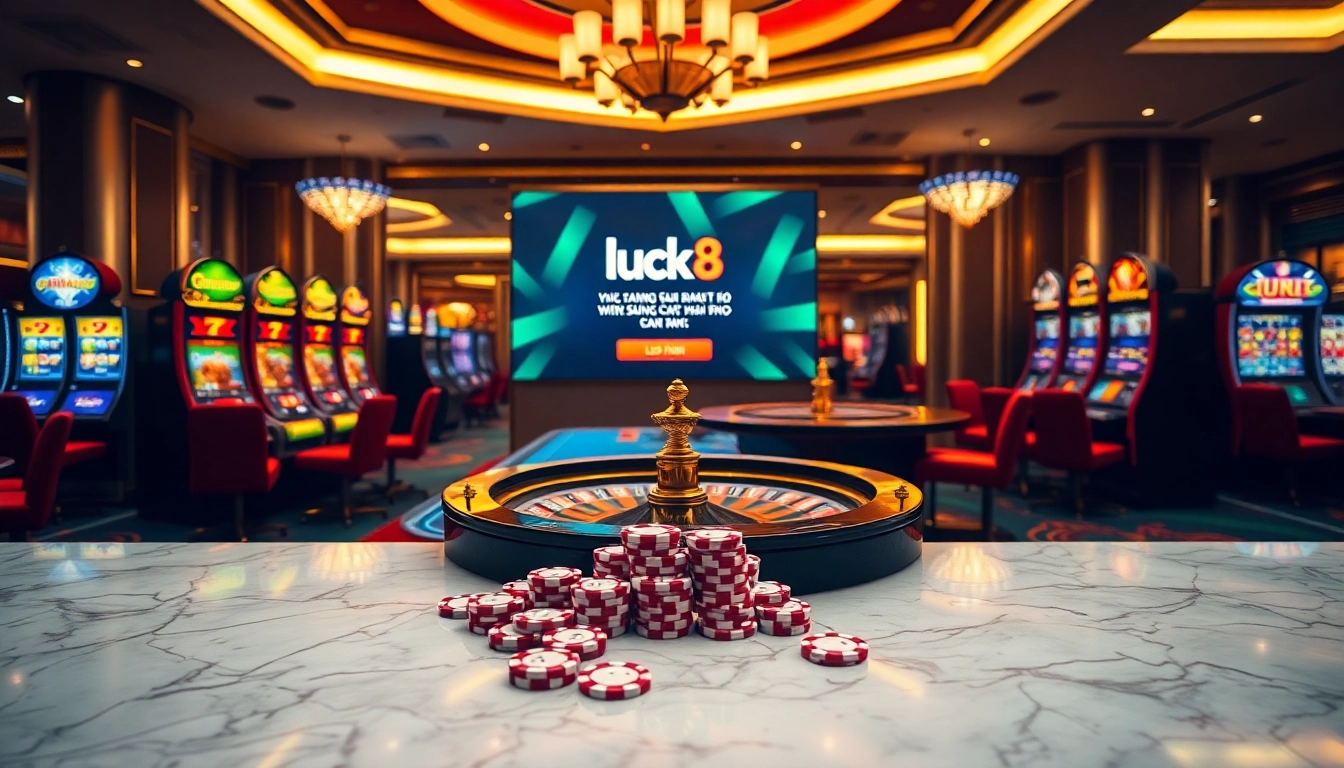 Engaging scene of a casino with 'luck8 đăng nhập' displayed on a modern interface amidst vibrant slot machines and poker elements.
