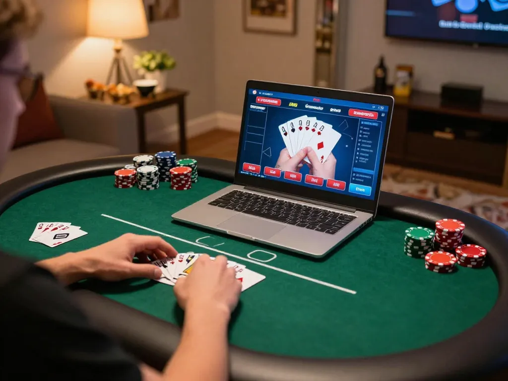 Player analyzing poker strategies on a laptop while gaming at home, showcasing a focused session with dw8