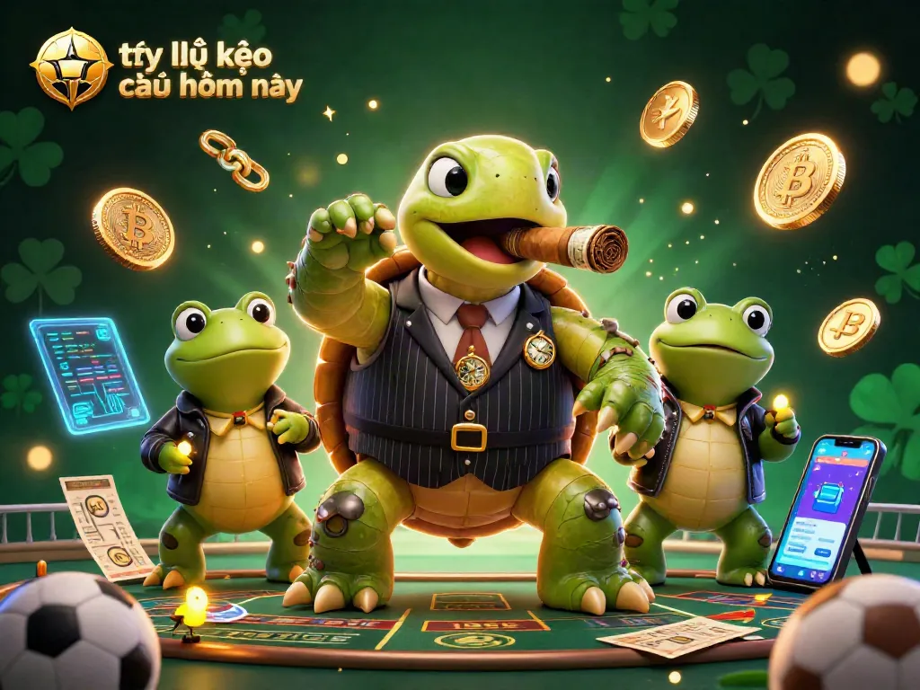 Tỷ lệ kèo nhà cái hôm nay illustrated with a massive turtle in a suit surrounded by sports betting elements.