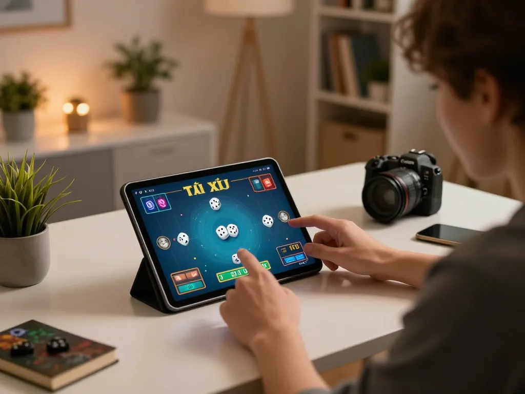 Tài Xỉu gaming session with a player rolling virtual dice on a tablet during an online game