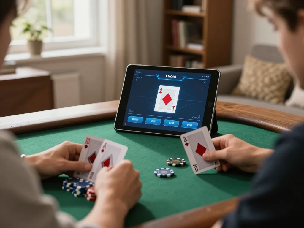 Engaged player using tablet for online poker on 888vnd com, showcasing strategic gameplay.