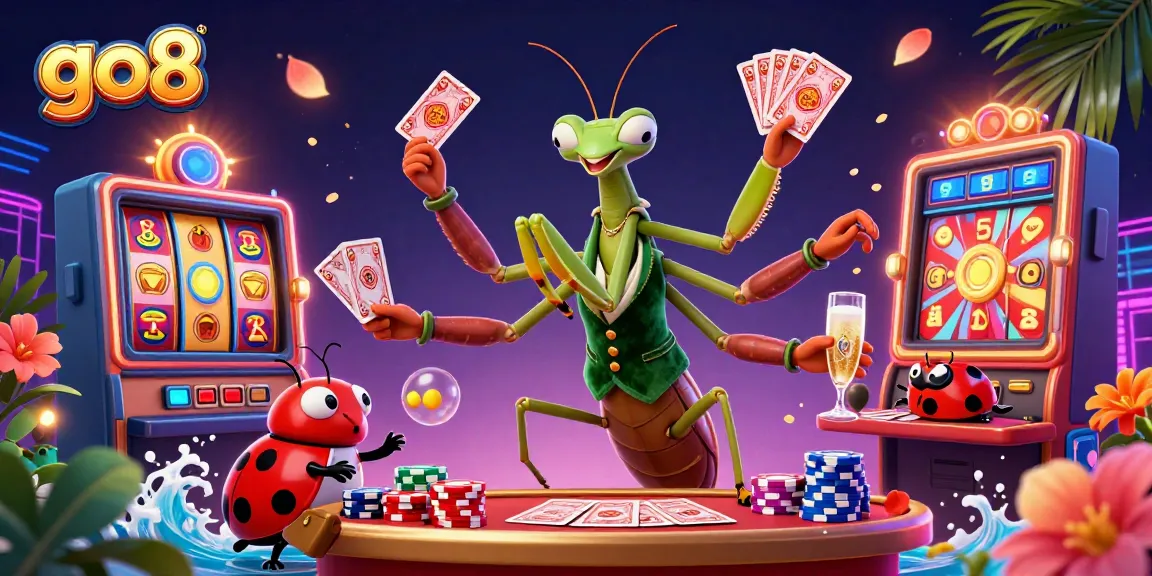 Engage with go8's dynamic gaming atmosphere featuring a mantis dealer and vibrant slot reels.