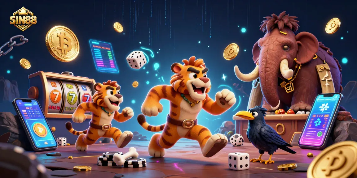 SIN88 offers exciting slot action with a lively casino scene featuring a caveman, sabertooth tiger, and a clever crow.