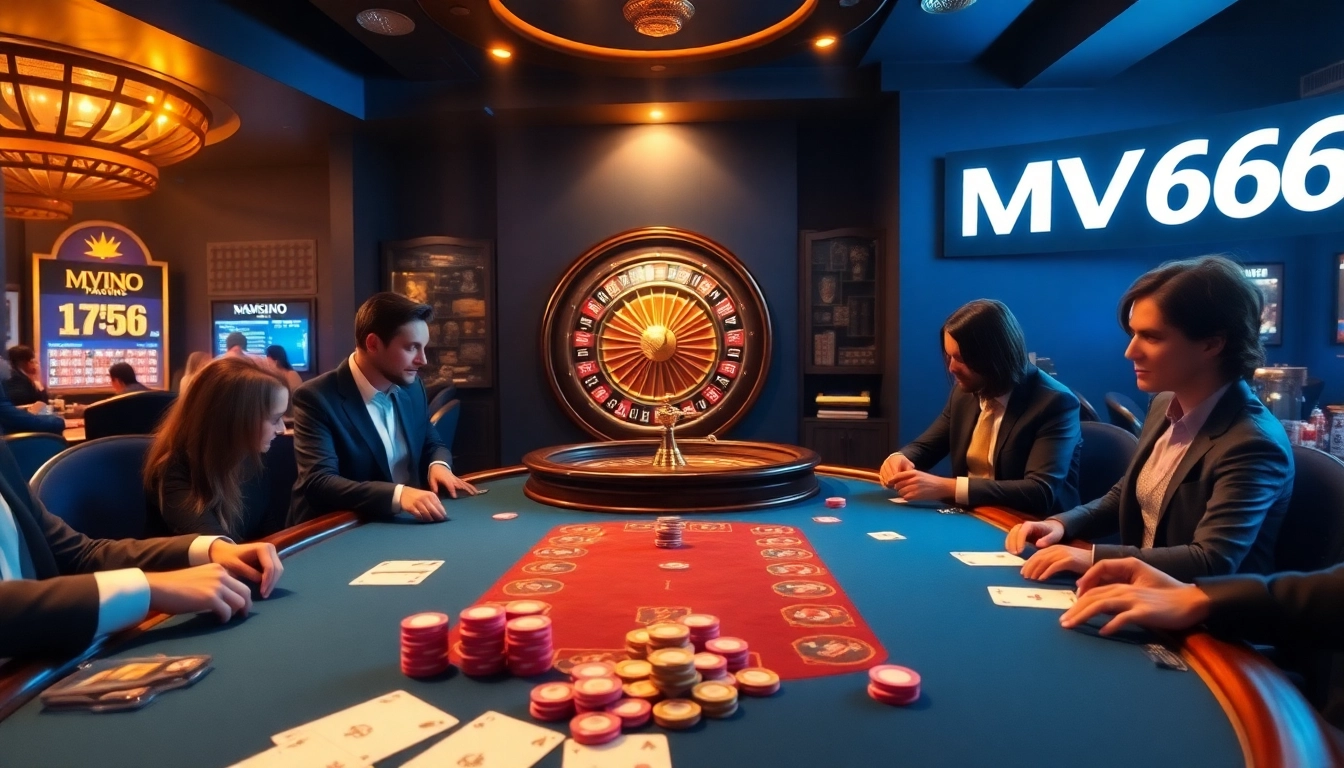 Engaging scene at a luxury casino where players enjoy poker, chips, and roulette, highlighting MV66's gambling vibe.
