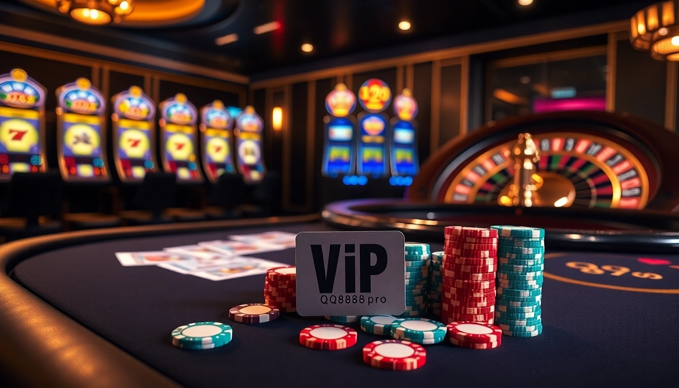 Experience the thrill of QQ88pro Vip with vibrant poker chips and cards in an elite casino setting.
