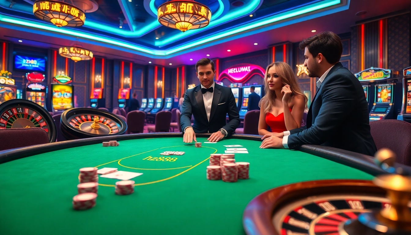 High-stakes poker at a luxurious casino featuring vibrant visuals and the keyword hz888.