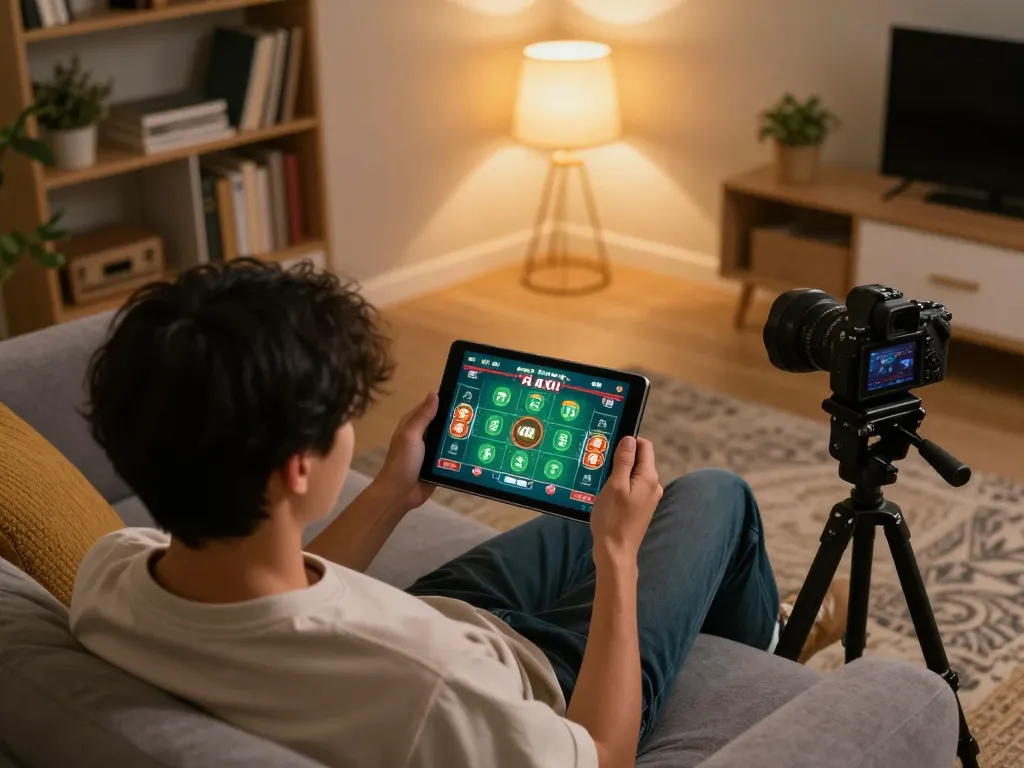 Tai Xiu Online gaming session on tablet showcasing exciting gameplay at taixiuonline8 in cozy home setting.