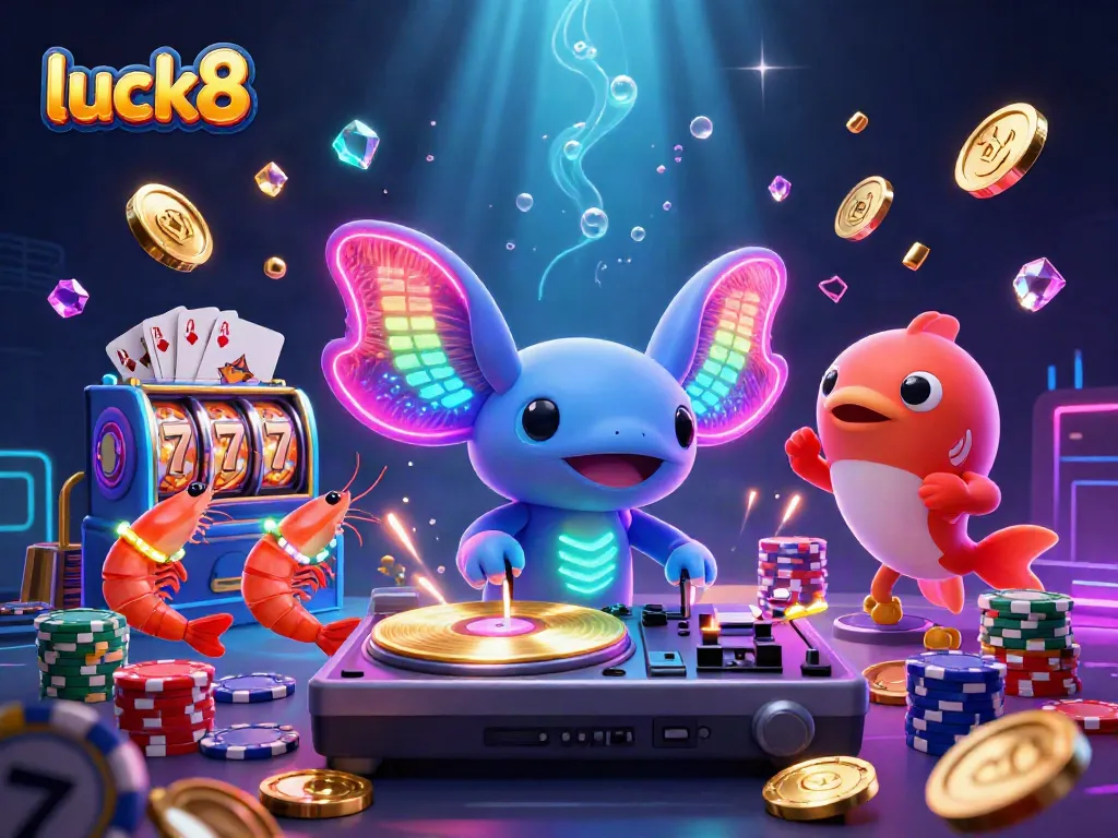 Engage with luck8's vibrant underwater casino scene featuring a neon axolotl DJ.
