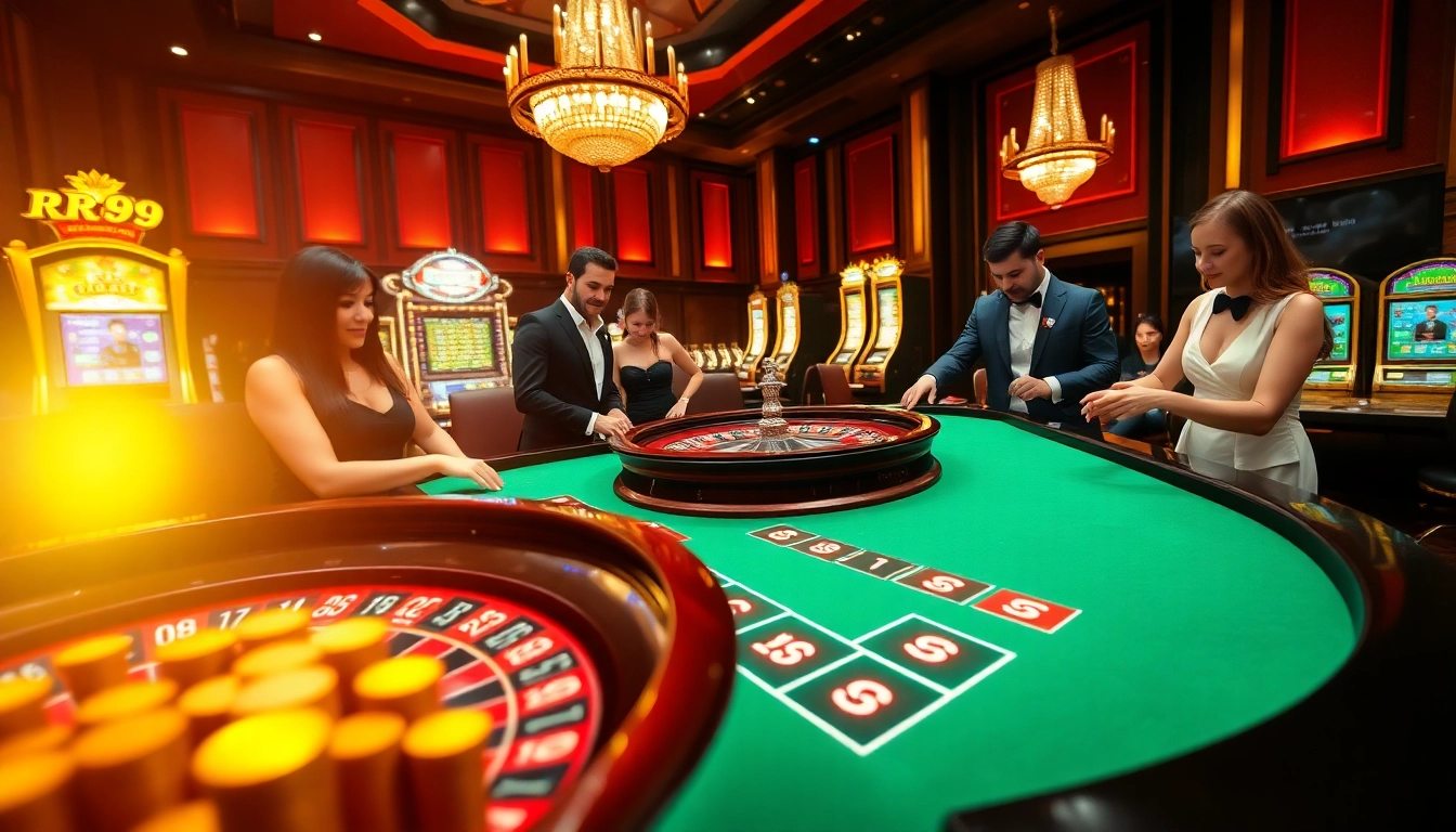 Experience the thrill at RR99 casino, with vibrant roulette table action and luxurious casino ambiance.