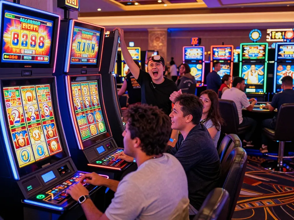 Engaging players at Lucky 88 slot machines celebrating wins amidst lively casino atmosphere