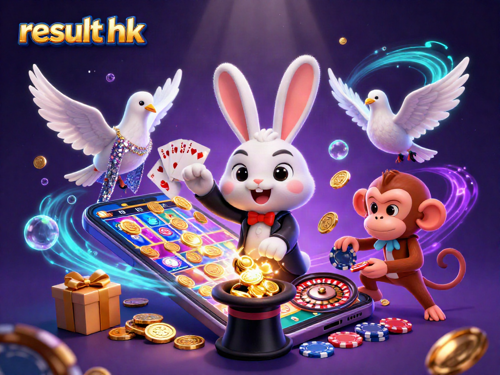 Experience thrilling results hk with a magician rabbit, slots, and poker chips in vibrant casino art.
