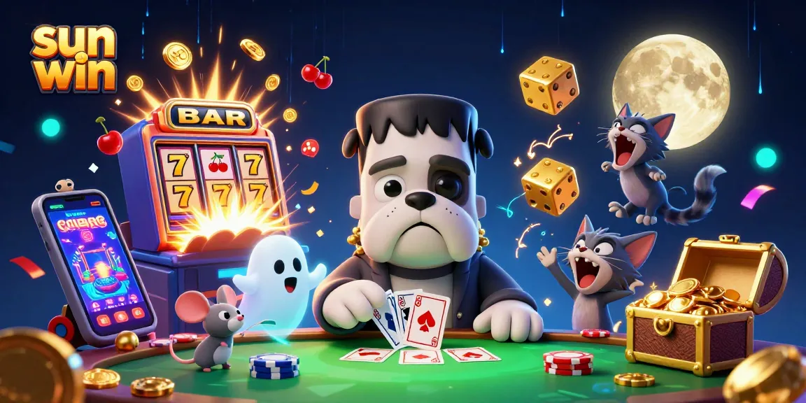 Experience the excitement of sun win with a dynamic casino scene featuring a unique bulldog dealer and festive game elements.