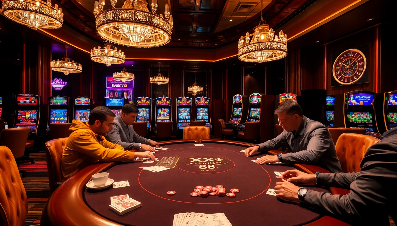 Experience high-stakes excitement at the XX 88 poker table illuminated by glamorous chandeliers.