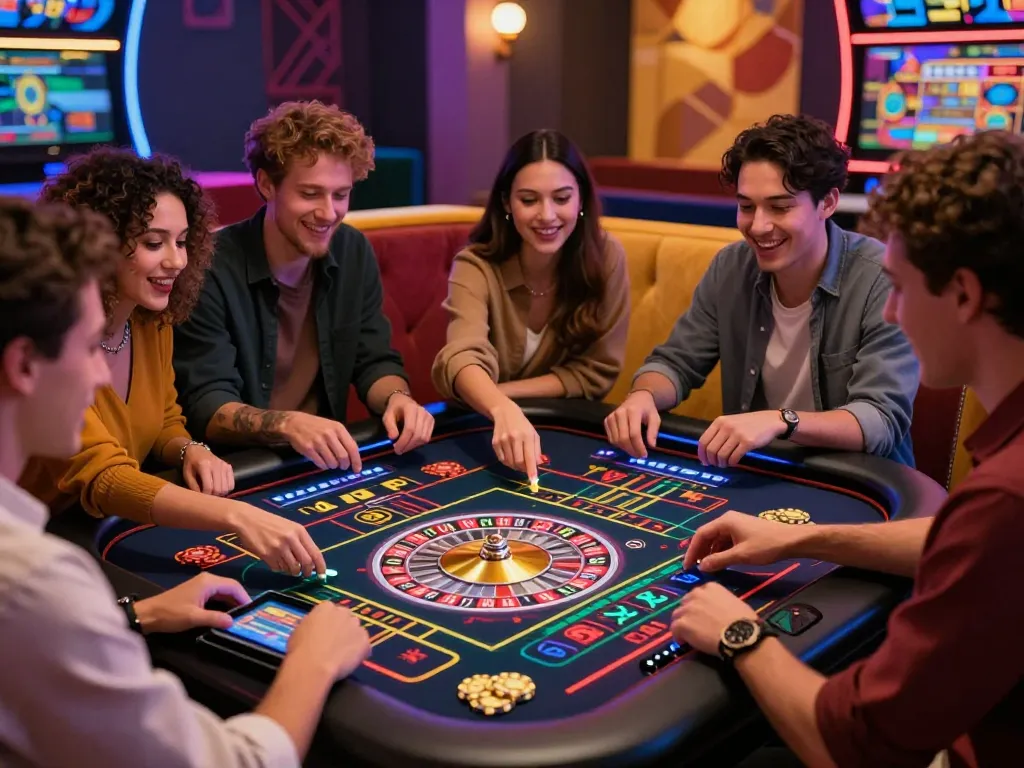 Exciting friends playing tk88 digital roulette table with vibrant atmosphere and engaging decor.