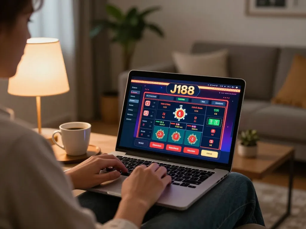 Player enjoying J188 online casino games, engaged in strategic poker, relaxed home environment.