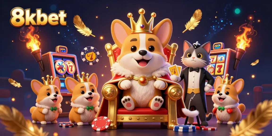 Experience 8xbet with a vibrant 3D scene featuring a royal corgi and casino elements.