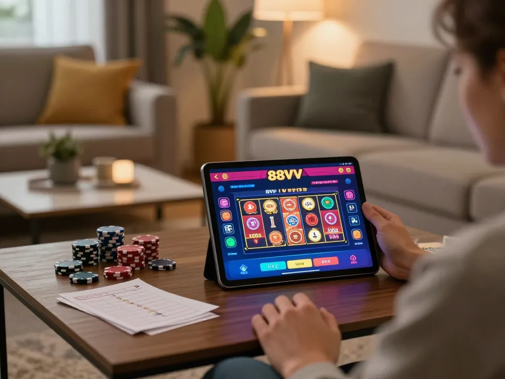 Enjoying gameplay on the 88VV casino app from a cozy home setup, showcasing an engaging and responsible gaming environment