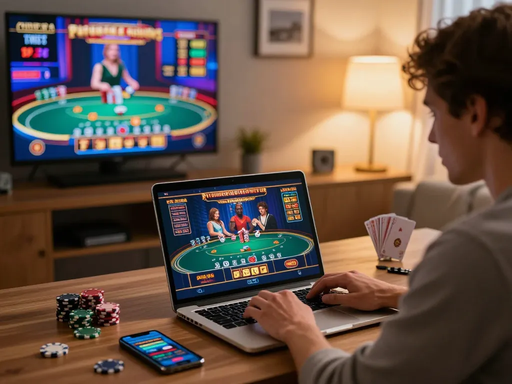 Engaged player enjoying online casino gaming on laptop while using betting strategies with 79kinh.