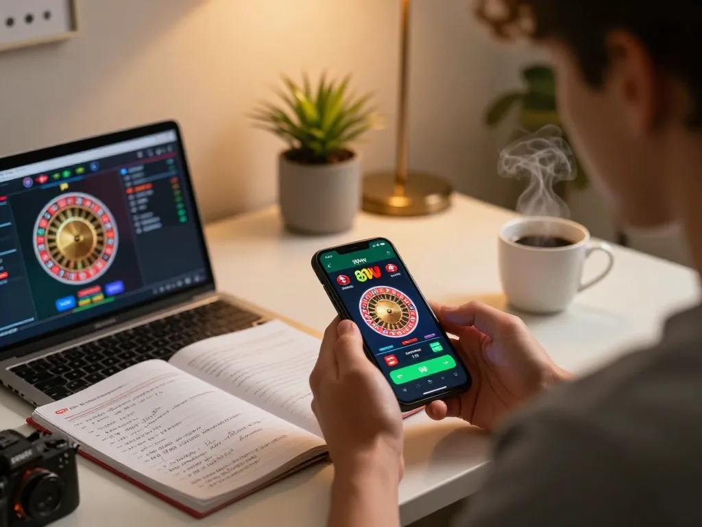 Engaging with the 88vv casino app on a smartphone while strategizing gambling at home.