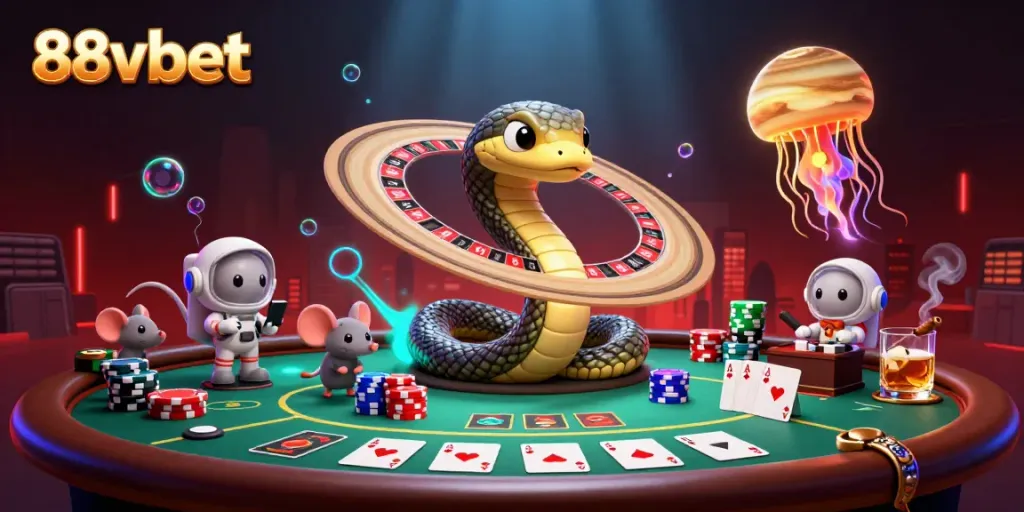 88vbet engaging scene featuring a Saturn ring snake as a roulette wheel with betting mice.