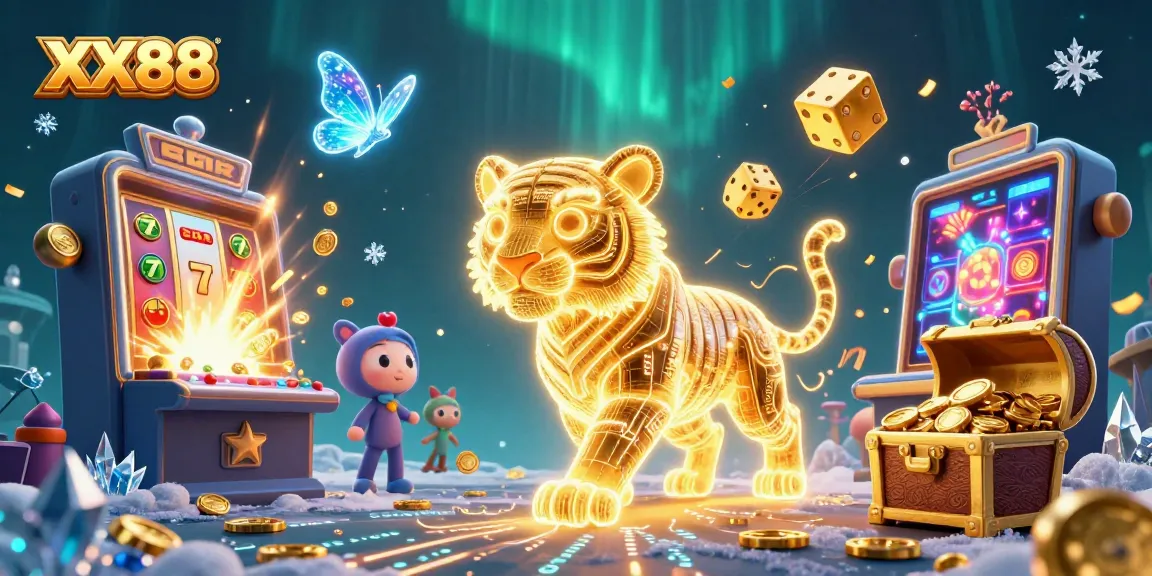 Engage with the thrilling XX88 online casino experience featuring a neon-wireframe tiger in a digital jungle.