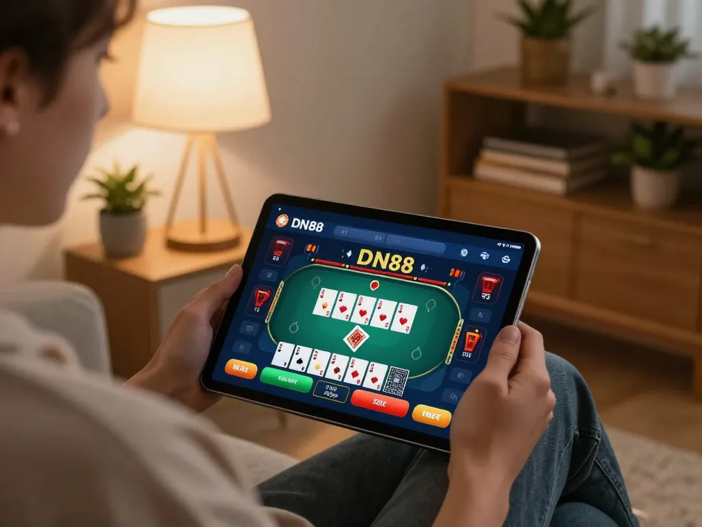 Login to DN88 effortlessly while enjoying a relaxed home gaming session with the app interface visible.
