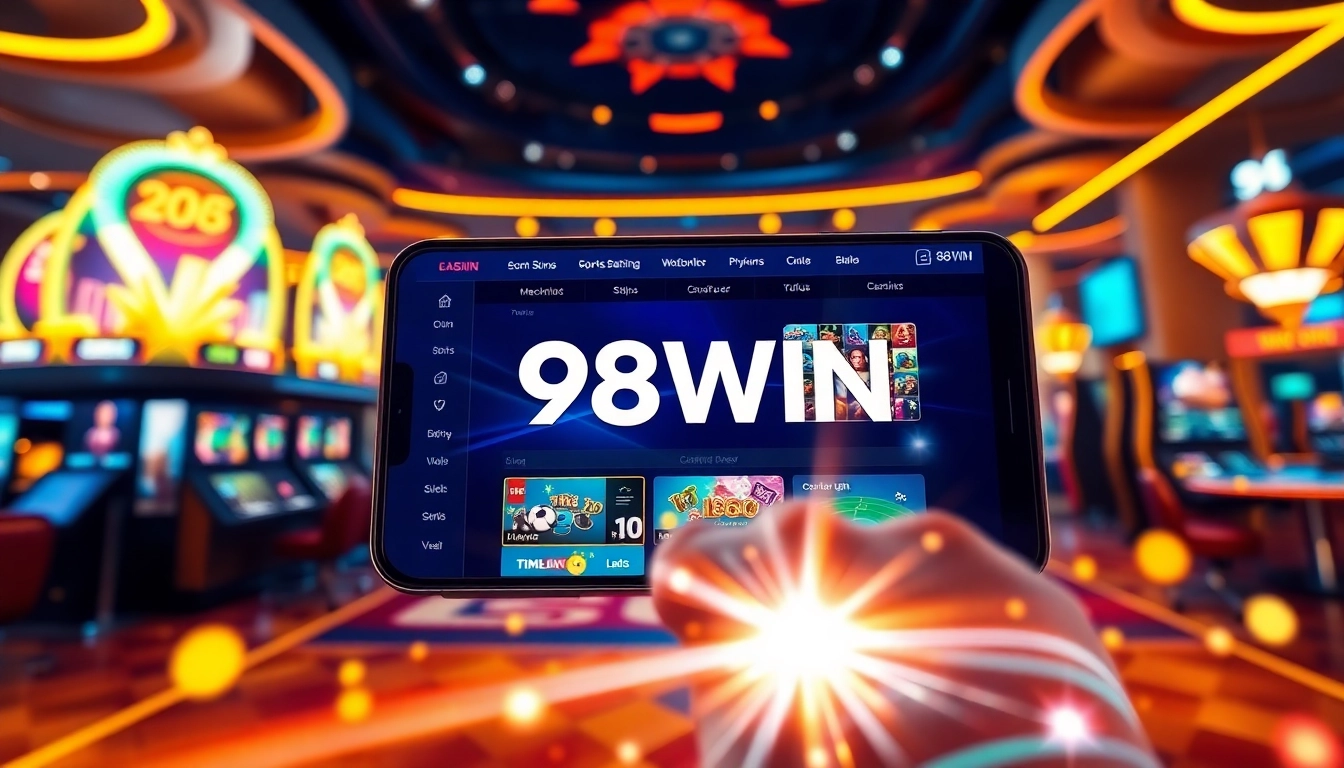 Engaging scene of 98WIN's modern online gambling platform showcasing diverse games and user interactivity.