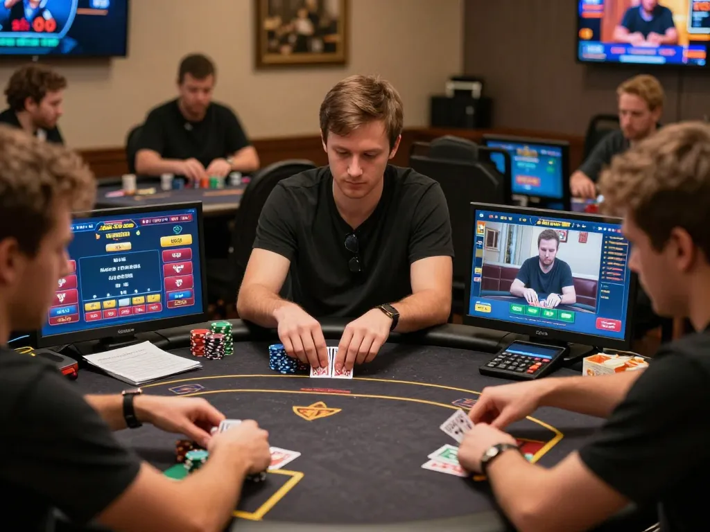 Players engaged in a thrilling LODE88 online poker game, showcasing cards and chips in a vibrant gaming atmosphere.
