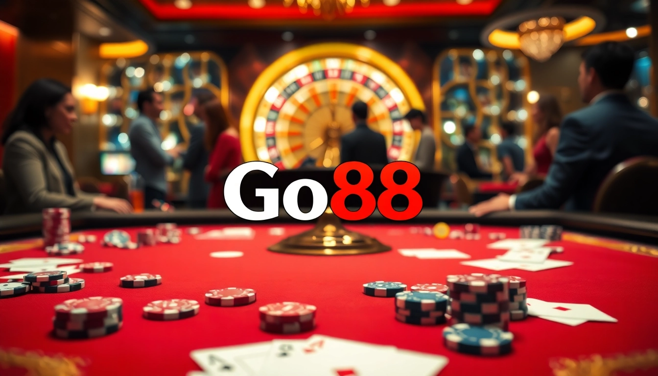 Engaging Go88 casino scene with vibrant betting table, poker chips, and casino excitement.