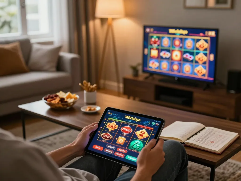 Engaging with the 789clubgo app on a tablet in a cozy living room for a thrilling online casino experience.