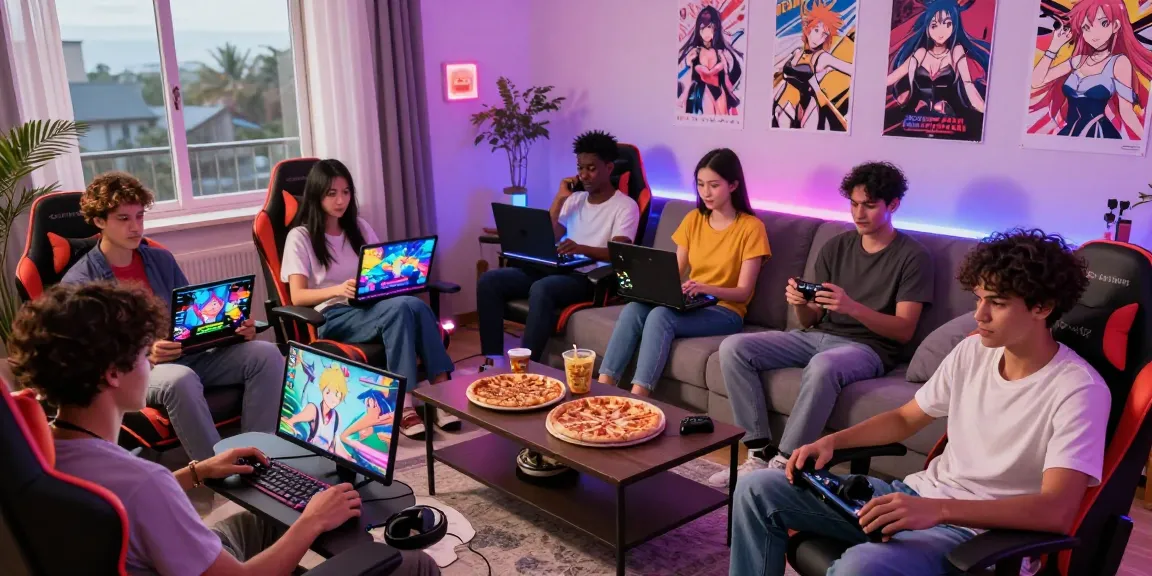 Friends enjoying ecchi games online in a cozy living room with snacks and game controllers.